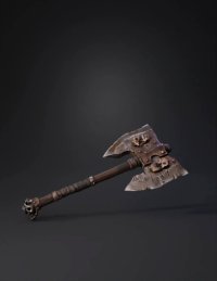 3d model: rusty medieval double headed battle axe with skull emblems on metal bl