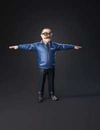 3d model: cartoon taxi driver character wearing blue jacket and tie with mousta