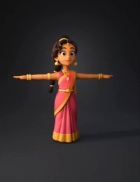 3d model: female character in pink sari with gold trim and jewelry