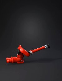 3d model: red mechanical cannon prop with long barrel base and joints metallic