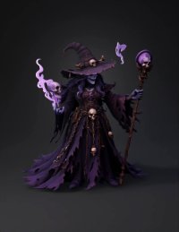 3d model: dark sorceress with skull adorned robe tall witch hat glowing purple